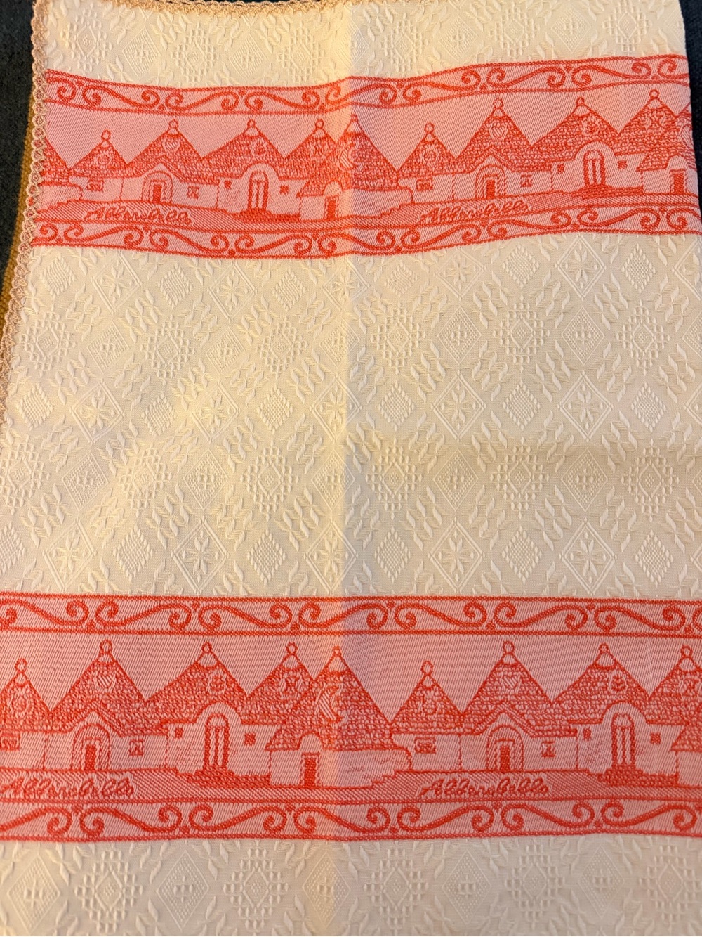 Italian Trulli Kitchen Tea Towel – Woven Jacquard Dish Towel – Cream/Coral Italy - Picture 5 of 8